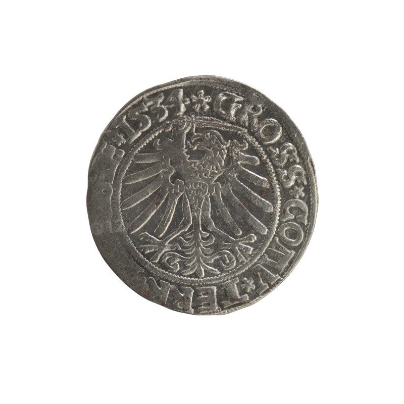 Prussian grosz, Sigismund I the Old (King of Poland; 1506–1548). Obverse: Crowned male bust in profile turned to the right; rim between pearl borders with inscription '.SIGIS.I.REX.PO.DO.TOCI.' Reverse: The Eagle of Royal Prussia; rim between pearl borders with inscription '.GROSS.COMV.TERR.' Dated 1534. Poland, Torun. Subjects: Polish coin, Jagiellon dynasty, coats of arms, eagles, royal bust; iconography of Sigismund I the Old. Materials: coin (metal).