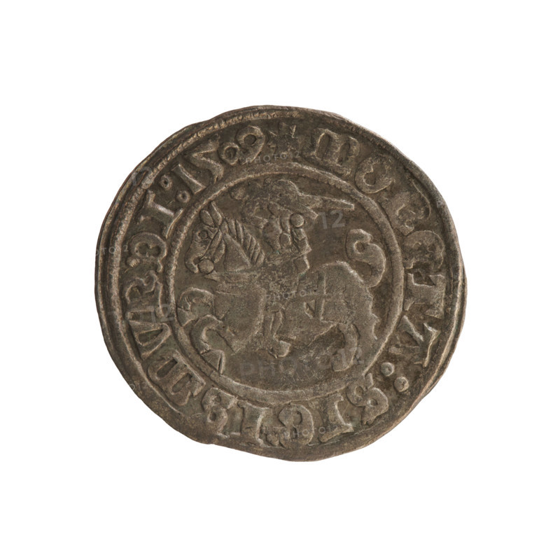 Lithuanian half-grosz, Sigismund I the Old (king of Poland; 1506–1548). Obverse: Pursuer turned left; in the rim between pearl borders an inscription: + COIN:SIGISMVNDI:1509. Reverse: Crowned Polish eagle; in the rim between pearly borders an inscription: + MAGNI:DVCIS:LITVANIE:. 1509. Polish coin of the Jagiellon dynasty; emblems: eagle and Pursuer. Grand Duchy of Lithuania.