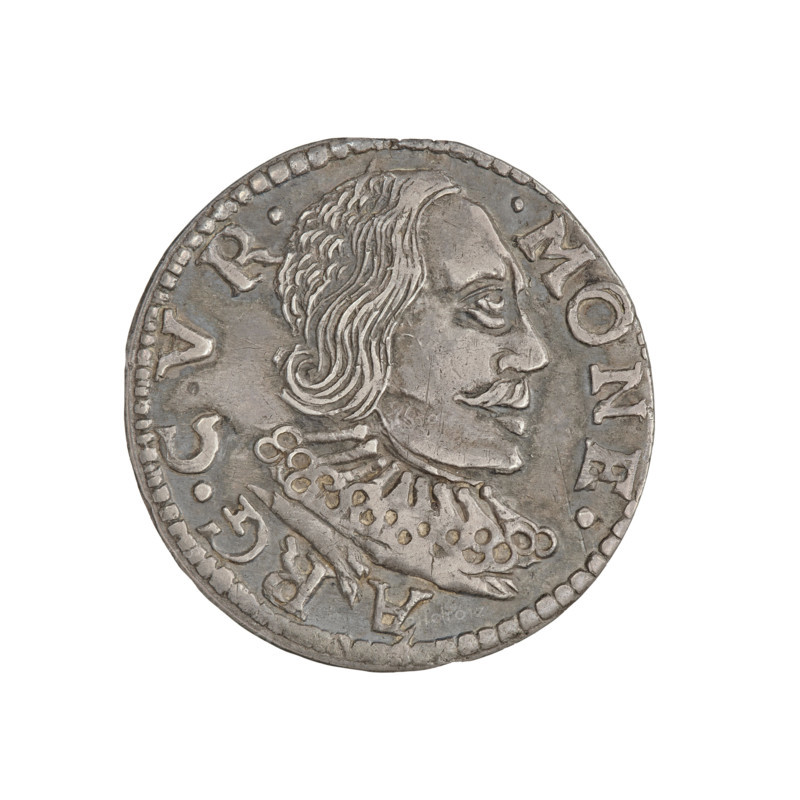 Trojak (with a bust of Wilhelm Kettler). Obverse: in the border a male bust facing right with long hair and a mustache, in armor decorated with a ruff, separating the rim inscription '.MONE. - ARG.CVR. -'. Reverse: in the border an Eagle and Pogon (Pursuit), above the value numeral 'III'. Below the coats of arms an inscription in four lines 'GROS.AR.TR/DVCVM.CV/.ET.SE./.98.' Date: 1598. Subject: Wilhelm Kettler (Duke of Courland and Semigallia; 1587–1616). Place: Duchy of Courland and Semigallia, Mitawa. Coin specifications: diameter 21.0 mm, weight 2.27 g, axis 45°. Icons: Kettler family emblems, Pogon (coat of arms), White Eagle, princely busts, male busts in a ruff and armor, portraits of a ruler.