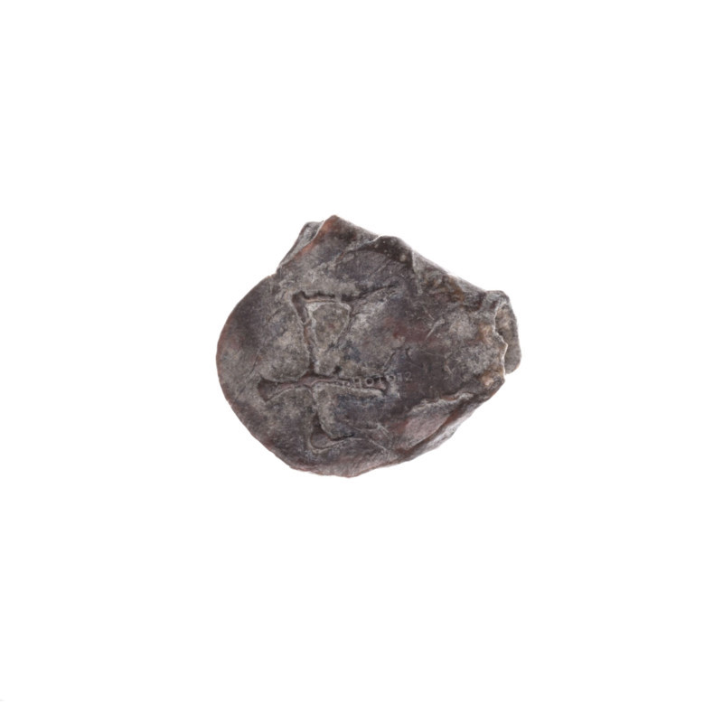 Fragment of a double-sided Drohiczyn seal. On one side a cross with one arm ending in a triangle (ank cross). On the other side the letter C. 11th–13th century, Drohiczyn, Poland. Seals: guild seals, town seals, customs house seals, customs seals, official seals; seals with a cross; seals with a letter.