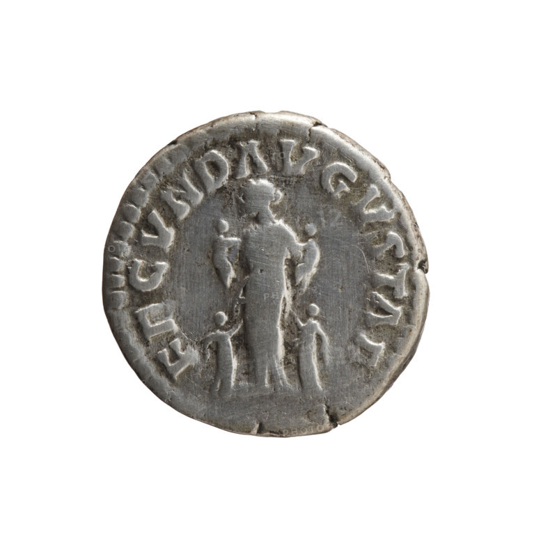 Denarius of Faustina the Younger (ca. 130–176), Roman empress 161–176; issuer: Marcus Aurelius (121–180), Roman emperor 161–180. Obverse: Bust of Faustina II in drapery facing right, legend FAVSTINA AVGVSTA. Reverse: Fecunditas (personification) standing left holding two children, with two more children at her sides, legend FECVND AVGVSTAE. Date: 161–176. Roman Empire, Rome. Coin; silver. Diameter 17.5 mm; weight 3.10 g; axis 180°.