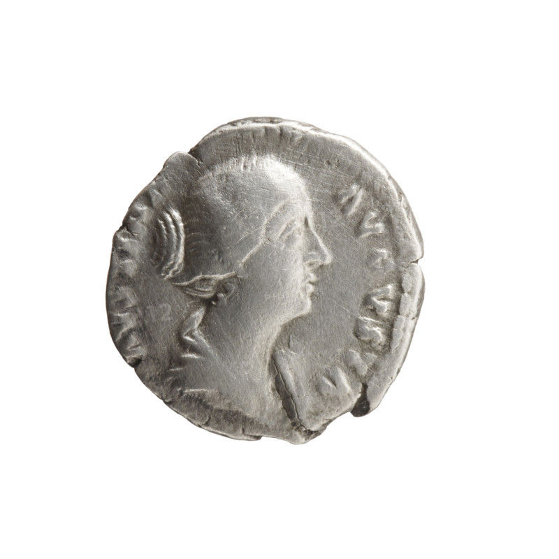 Denarius, Faustina the Younger (ca. 130–176; Roman empress 161–176; Augusta), iconography: Venus, shields, helmets, Victoria (attribute). Obverse: Draped bust of Faustina II facing right, legend AVSTINA - AVGVSTA. Reverse: Venus stands left, holds Victoria in her outstretched right hand, rests her left hand on a shield placed on a helmet, legend VSTI - II FIL. Date: 147–161. Roman Empire (27 BC–476). Rome. Coin; weight 3.18 g; diameter ~17.0–17.5 mm; axis 180°.