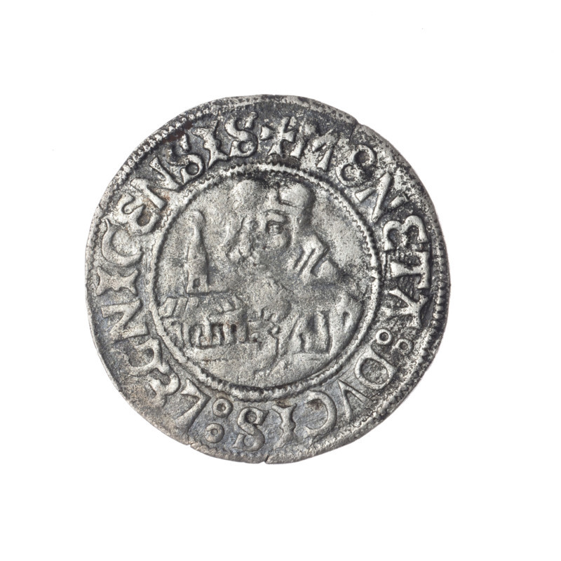 Frederick II (Duke of Brzeg-Legnica; 1480–1547); Jadwiga of Silesia (Saint; 1174–1243); eagles, Silesian eagle (iconographic); church model; message. Coin, diameter 24.8 mm, weight 1.94 g, axis 315°. Obverse: Silesian eagle; in rim between pearl borders the inscription +FRIDERICVS:D:G:DVX:SLESIE. Reverse: Half-figure of Saint Jadwiga holding a model of a church; in rim between pearl borders the inscription +MONETA:DVCIS:LEGNICENSIS. Date range c.1505–1547; Silesia, Duchy of Brzeg-Legnica-Wolów, Legnica.