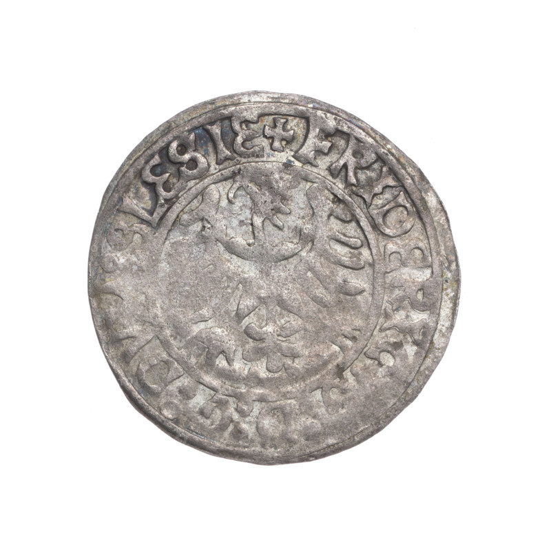Frederick II (Duke of Brzeg-Legnica; 1480–1547). Obverse: Silesian eagle; in the rim between the pearl borders the inscription '+FRIDERIC, D:G:DVX:SLESIE'. Reverse: Half-figure of Saint Jadwiga with an image of a church; in the rim between the pearl borders the inscription '+MONETA:DVCIS:L, ICENSIS, 1505–1547'. Iconography: Silesian eagle; models of churches. Maker/artist: Jan Szymonski (1887–1954) [attribution]. Silesia, Duchy of Brzeg-Legnica-Wolów, Legnica. Coin; diameter 25.6 mm; weight 1.95 g; axis 220°.