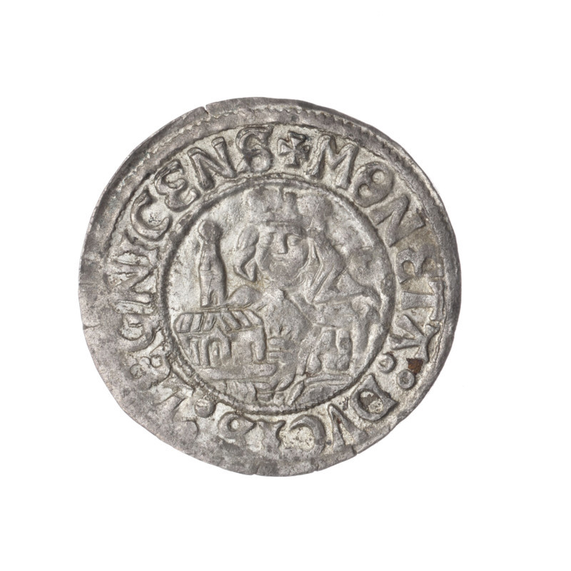 grosz, Frederick II (Duke of Brzeg-Legnica; 1480–1547), Jadwiga of Silesia (St.; 1174–1243), eagles, Silesian eagle (iconographic), church models, Frederick II (Duke of Brzeg-Legnica; 1480–1547), Av. Silesian eagle, in the rim between the pearl borders the inscription +FRIDERICVS:D:G:DVX:SLESI. Rv. Half-figure of Saint Jadwiga with the image of a church, in the rim between the pearl borders the inscription +MONETA:DVCIS:LEGNICENS. 1505–1547, Silesia, Duchy of Brzeg-Legnica-Wolów, Legnica. Coin; diameter 25.2 mm; weight 2.16 g; axis 150 degrees.