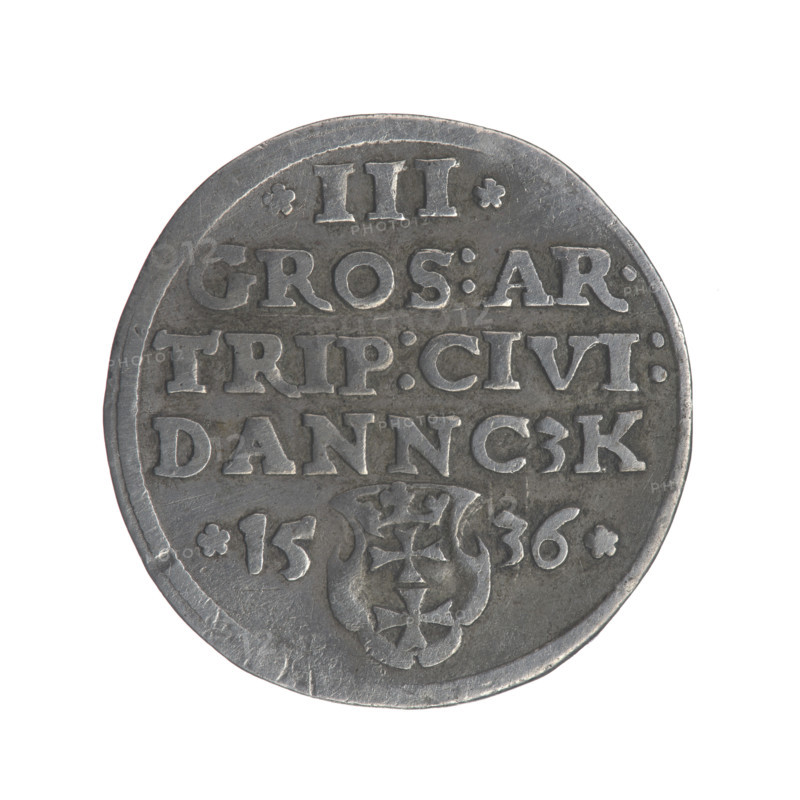 Gdansk troika, Sigismund I the Old (King of Poland; 1506–1548). Jagiellonians dynasty. Obverse: crowned male bust in profile turned to the right, inscription around the rim: .SIGIS.I.REX.POLO.DO., .PRVSS. Reverse: inscription around the rim in five lines, date separated by a shield with the coat of arms of Gdansk: III./.GROS:AR./TRIP:CIVI:/DANNCZK/.15 - 36. 1536. Poland, Gdansk. Coin. City coat of arms (Gdansk). Diameter 20.3–20.7 mm. Weight 2.45 g.