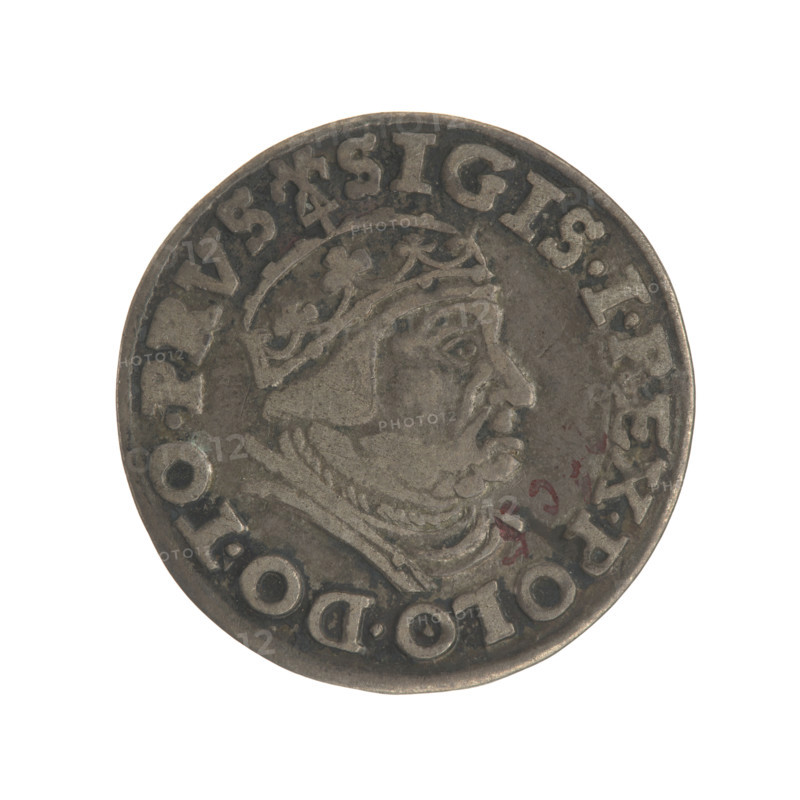 Gdansk troika, Sigismund I the Old (King of Poland; 1506–1548). Polish coin, 1539. Obverse: Crowned male bust in profile turned to the right, inscription around the rim: .SIGIS.I.REX.POLO.DO.TO.PRVS. Reverse: Inscription in five lines around the rim, date separated by a shield with the coat of arms of Gdansk: .III./GROSS.AR/TRIP:CIVI./GEDANEN/.15-39. Jagiellon dynasty; city coat of arms (Gdansk); royal bust. Diameter 21.2–21.3 mm; weight 2.5 g.