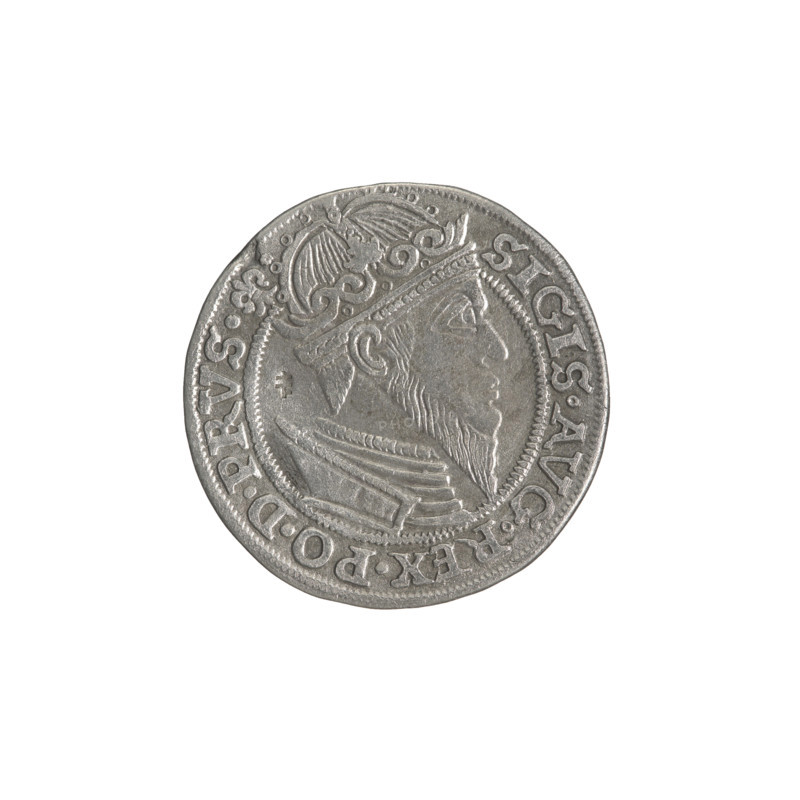 Gdansk trojak, Sigismund II Augustus (King of Poland; 1544–1572). Obverse: Crowned male bust in profile turned right; rim inscription SIGIS.AVG.REX.PO.D.PRVS terminated by a lily. Reverse: Below the value number .III. inscription GROSS.AR/TRIP.CIVI/GEDANEN; below the year .15 - 57. separated by a shield with the coat of arms of Gdansk. 1557. Poland, Gdansk. Coin. Diameter 20.8–21.3 mm; weight 2.4 g. Subjects: Jagiellonians (dynasty), city coats of arms, Gdansk (coat of arms), Polish coins, royal/male busts, inscriptions; iconography of Sigismund II Augustus.