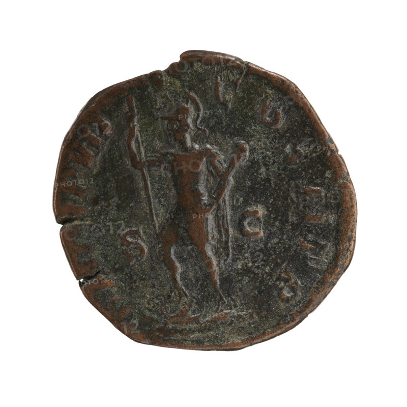 sestertius, Alexander Severus (Roman emperor; 222–235) — iconography: spear (attribute), parazonium (attribute), Virtus (personification), personifications. Obv.: IMP CAES M AVR ALEXANDER AVG — Bust of Alexander Severus right in laurel wreath, armor and paludamentum, pearl rim. Rev.: PM TRP VII COS II PP — Virtus stands facing left, right foot on a ship's prow, holding a spear in his right hand and a parazonium in his left; SC on both sides, pearl rim. 228 CE, Roman Empire (27 BC–476). Coin: sestertius; diameter ~28.5–29.5 mm, weight 17.25 g, axis 0°.