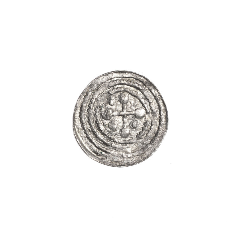denarius, Boleslaw III Krzywousty (prince of Poland; 1086–1138/ruled 1107–1138), Romanesque, Middle Ages, ca. 1125–1138, Poland, Kraków; coin (denarius); diameter 12.3–12.7 mm; weight 0.29 g. Obverse: in beaded border, a knight in chain mail thrusting a spearhead into the jaws of a dragon turned upside down (iconography: knight, chain mail, spearhead, dragon, fight between good and evil, fight against pagans, martyrs, Adalbert). Reverse: in triple beaded border, an isosceles (equal-armed) cross topped with balls; between its arms one ball (two of them with one dot). Icons/attributes: spear, spears, crosses, jaw/jaws, knights, dragons.