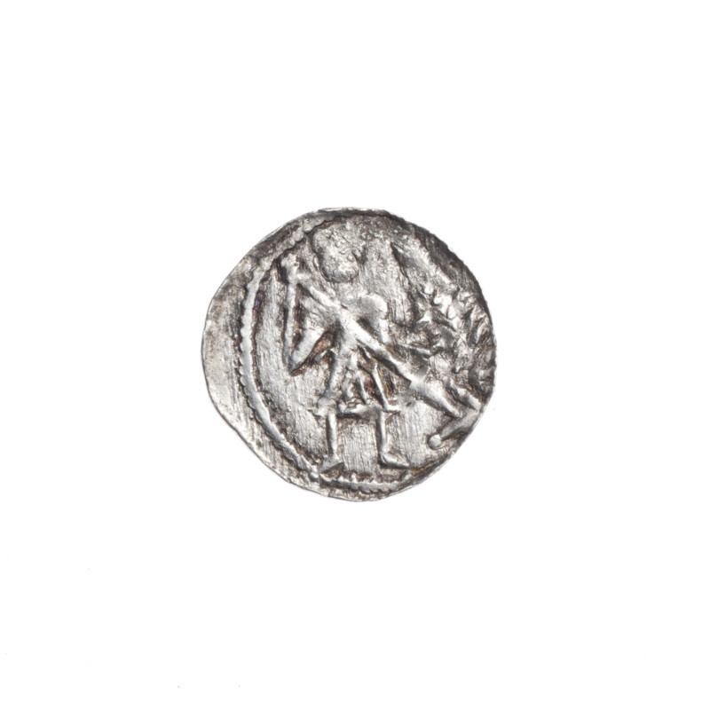 denarius, Boleslaw III Krzywousty (prince of Poland; 1086–1138), allegories, equal-armed cross, chain mail, crosses, jaws, spearhead (issue mark), knight, martyrs, dragons, Romanesque (style), dragon, knights, Middle Ages, fight against pagans, fight between good and evil, spear, spears, Wojciech (St.; ca. 956–997), Obv. In the beaded border, a knight in chain mail thrusting a spearhead into the jaws of a dragon turned upside down. Rv. In the triple beaded border, an isosceles cross topped with balls. Between its arms, one ball. ca. 1125–1138, Poland, Kraków, coin, diameter 12.7–13.0 mm, weight 0.42 g