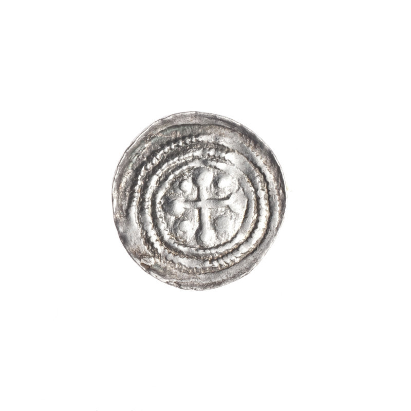 denarius, Boleslaw III Krzywousty (prince of Poland; 1086–1138), allegories, chain mail (iconographic), spearhead (issue mark), crosses, equal-armed cross (iconographic), jaws (iconographic), martyrs, knight (iconographic), Romanesque (style), knights, dragon (iconographic), dragons, fight between good and evil (iconographic), Middle Ages, Adalbert (Saint; ca. 956–997), fight against pagans (iconographic), spear (iconographic), Obv. In the linear border, a knight in chain mail thrusting a spearhead into the jaws of a dragon turned upside down. Rv. In the triple beaded border, an isosceles cross topped with balls (two of them with one dot each). Between its arms, one ball (three of them with one dot each)., ca. 1125–1138, Poland, Kraków, coin, diameter 13.2–13.5 mm, weight 0.58 g