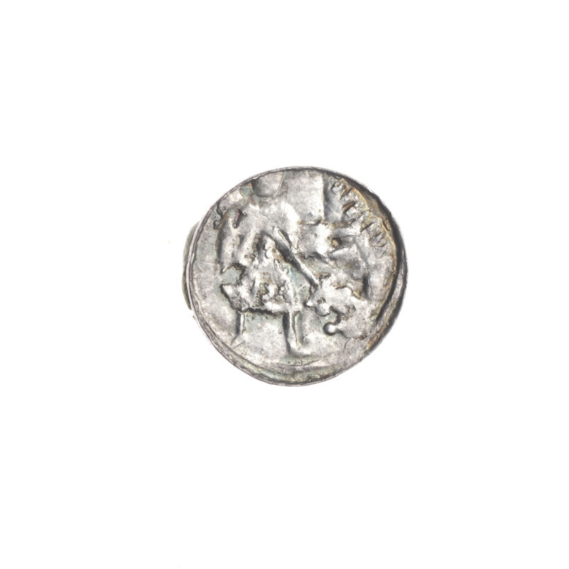 denarius, Boleslaw III Krzywousty (prince of Poland; 1086-1138; reign 1107-1138), Romanesque, ca. 1125–1138, Poland, Kraków; coin (denarius), diameter 11.8–12.2 mm, weight 0.37 g. Obverse: in a linear border, a knight in chain mail thrusting a spearhead into the jaws of an upside-down dragon; above the knight's left foot, a dot. Reverse: in a triple beaded border, an isosceles cross topped with balls; between its arms, one ball. Iconography: knight, chain mail, spear/spearhead, dragon, jaws, equal-armed cross, crosses, martyrs, fight against pagans, fight between good and evil; depiction associated with Saint Adalbert (ca. 956–997).