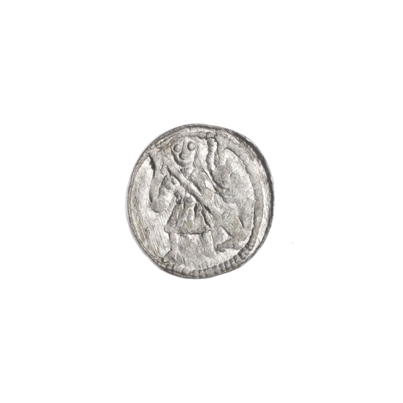denarius, Boleslaw III Krzywousty (prince of Poland; 1086–1138), allegories, equal-armed cross, spearhead (issue mark), chain mail, mouth, crosses, knight, martyrs, Romanesque (style), dragon, Middle Ages, fight between good and evil, Adalbert (Saint; ca. 956–997), fight against pagans, spear, Obv. In the beaded border, a knight in chain mail thrusting a spearhead into the jaws of a dragon turned upside down. Rv. In the triple beaded border, an isosceles cross topped with balls. At the intersection of the arms, a ball. Between them, one ball. ca. 1125–1138, Poland, Kraków, coin, diameter 11.3–12.1 mm, weight 0.40 g