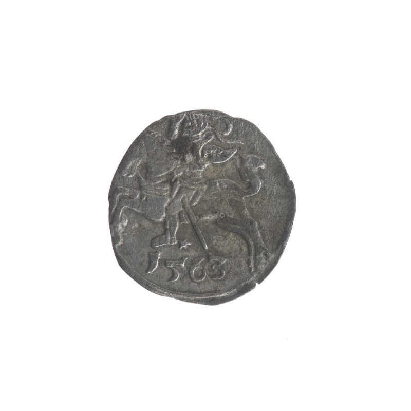 Lithuanian denarius, Sigismund II Augustus (King of Poland; 1544–1572); emblems of the Jagiellon dynasty; Polish eagle (obverse, in the rim); Lithuanian pursuer (reverse, in the rim, below the year 1563); dated 1563; struck in Vilnius, Grand Duchy of Lithuania; coin; diameter 11.7–12.4 mm; weight 0.27 g.