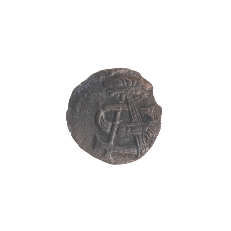 Lithuanian obol, Sigismund II Augustus (King of Poland; 1544–1572), Jagiellonians (dynasty); Polish coin. Obverse: in the rim under the ducal mitre a tied monogram composed of the letters SA Rw; in the rim a shield with the Columns of Gediminas coat of arms, above the shield the year 1547. Grand Duchy of Lithuania, Vilnius. Coin, diameter 10.8–11.0 mm, weight 0.2 g.
