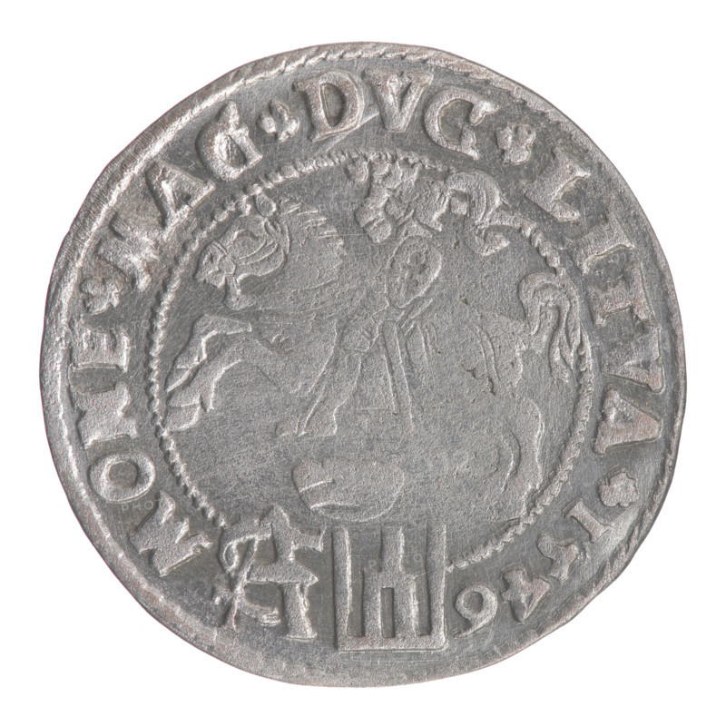 Lithuanian grosz on a Polish foot, Sigismund II Augustus (King of Poland; 1544–1572), Jagiellonians (dynasty), coats of arms, Polish coins, royal bust, Pogon (coat of arms; Lithuania), Sigismund II Augustus (King of Poland; 1520–1572) - iconography, male busts, Columns of Gediminas (coat of arms of Lithuania), monograms, tied monogram (type), monogram SA. Obv.: Crowned male bust in armour turned right, separating an inscription in a half-circle at the top: SIGIS. - AVG.REX; at the bottom horizontally in two lines: POLO.MAG / DVX.LIT. Rev.: Lithuanian Chase turned left, below under the crown a tied monogram composed of the letters SA and the Columns' coat of arms, which divide the inscription in the rim: MONE.MAG.DVC.LITVA. 1546. Grand Duchy of Lithuania, Vilnius, Poland; coin; diameter 22.9–23.0 mm; weight 1.99 g., A round metallic object with a worn, textured surface showing a faint raised central design of a seated figure and an animal, surrounded by a beaded circular border and a ri...