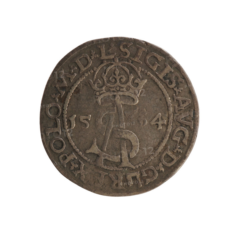 Lithuanian troika, Sigismund II Augustus (king of Poland; 1544–1572), Tarlo, Gabriel (ca. 1486–1565), Jagiellonians (dynasty), coats of arms, Polish coins, SA monogram, monograms, tied monograms, Pogon (coat of arms; Lithuania), heraldic shields, heraldic shields under a ducal mitre, royal monograms. Obverse: under the crown a tied monogram composed of the letters SA, on the sides year: 15 - 64, on the rim an inscription divided by the Topór coat of arms: .SIGIS.AVG.DG - REX.POLO.MDL. Reverse: under the prince's mitre dividing the rim, a shield with the Lithuanian Pahonia and the value number III, in the rim the inscription: GROSS.AR.TRIP.MAG.DVCA.L. 1564, Vilnius, Grand Duchy of Lithuania, Poland; coin; diameter 20.6–21.0 mm; weight 2.75 g.
