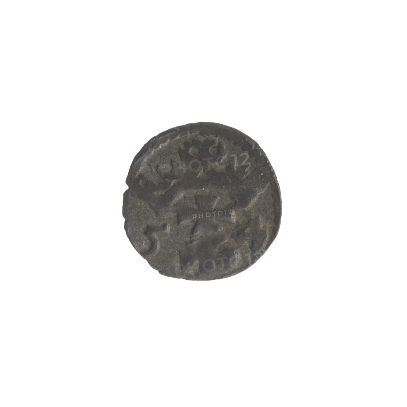 Gdansk denarius, Sigismund II Augustus (King of Poland; 1544–1572). Obverse: in the border the Eagle of Royal Prussia. Reverse: in the border the coat of arms of Gdansk, with numerals of the date 5 - 4, 1554. Emblems of the Jagiellon dynasty; eagles; city coat of arms. Polish coin (Gdansk). Diameter 12.0–12.2 mm; weight 0.37 g.