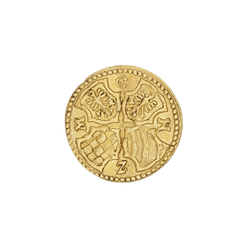 half-ducat (punch 3 hellers), Charles II (Duke of Ziebice-Olesnica; 1587–1617), 1612. Obv.: Silesian eagle within a pearl-shaped rim, with the coat of arms of Zloty Potok/Olesnica/Podebradowicze in the centre; to the left and right of the eagle the date 16 - 12. Rev.: within a pearl-shaped rim, four coats of arms of the Duchy of Ziebice-Olesnica (two coats of arms of Silesia, chessboard, diagonal stripes) pointing downwards toward the centre, forming a cross, a dot in the centre; at the rim in the gaps between the shields the letters C - H - Z - M. Silesia (historical region); Duchy of Olesnica (1313–1884). Coin; diameter 16.3 mm, weight 1.74 g.
