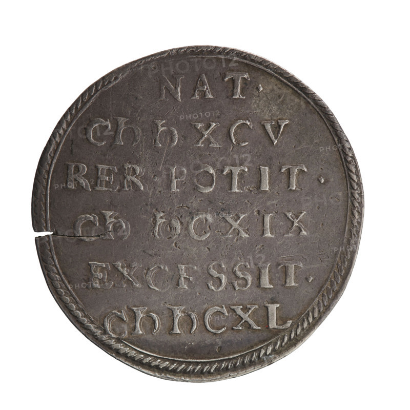 Posthumous portrait of George William Hohenzollern (Elector of Brandenburg; Duke of Prussia; 1620–1640), commemorative coin by Daniel Koch (fl. 1645–1676). Obverse: beneath the ducal mitre a nine-field coat of arms; at the bottom the letters D - K divided by a shield. On the rim between the fields an inscription divided by the mitre, beginning with a rosette and ending with the mint master's mark GEOR:WIL:D:G:MAR:BRA:S:, :I:ARC:E, EL:D:P. Reverse: in the border an inscription in six lines NAT./CI)I)XCV/RER.POTIT./CI) I)CXIX/EXCESSIT./CI)I)CXL, 1640. Ducal Prussia (1525–1701), Königsberg. Coin, diameter 31.8 mm; weight 7.11 g; axis 180°.