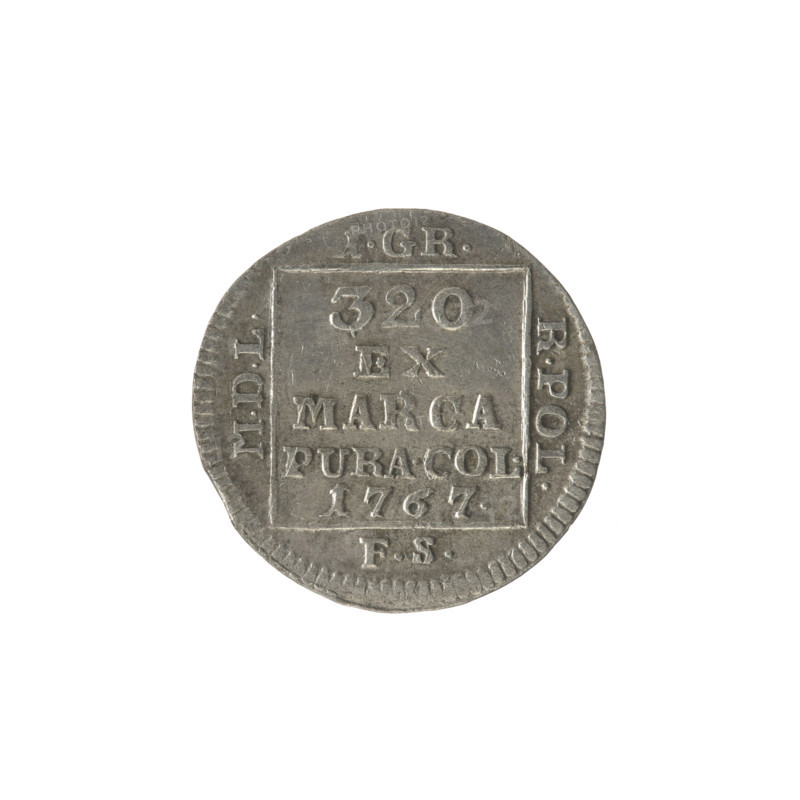 Silver crown groschen, 1767. Obverse: in a square frame under a crown, a tied monogram composed of the letters SAR, pearl border. Reverse: in a square frame an inscription in five lines: '320/EX/MARCA/PURA.COL./1767', with on the sides of the square '1.GR./R.POL./MDL/FS', pearl border. Maker: Sylm; associated with Frederick William (fl. 1765–1767) and Stanislaw August Poniatowski (King of Poland, 1764–1795). Monograms and tied royal monograms present. Polish-Lithuanian Commonwealth (1569–1795), Warsaw, Poland. Coin; diameter 20.6–21.2 mm, weight 1.95 g.