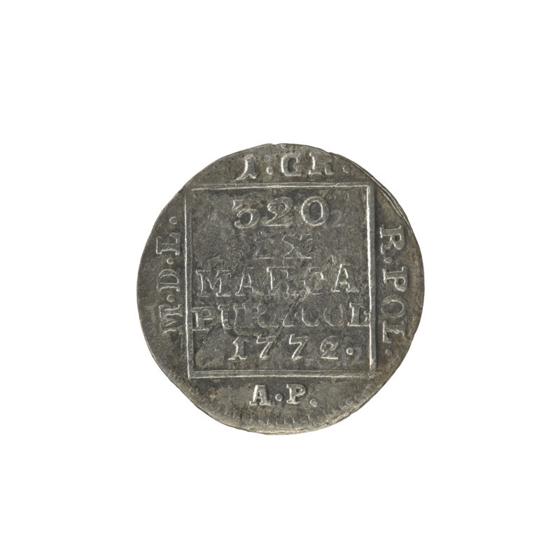 silver Crown groschen, Partenstein, Antoni (fl. 1772–1774), Stanislaw August Poniatowski (King of Poland; 1764–1795; b. 1732–1798), Polish coins, monograms, tied monograms, royal monograms, inscriptions, Crown coins. Obv.: In a square frame, under a crown, a tied monogram composed of the letters SAR, pearl border. Rev.: In a square frame, an inscription in five lines: 320/EX/MARCA/PURA.COL./1772., square sides: 1.GR./R.POL./MDL/AP, pearl border. 1772. Polish–Lithuanian Commonwealth (1569–1795), Warsaw, Poland. Coin: diameter 20.5–21.3 mm, weight 1.36 g.