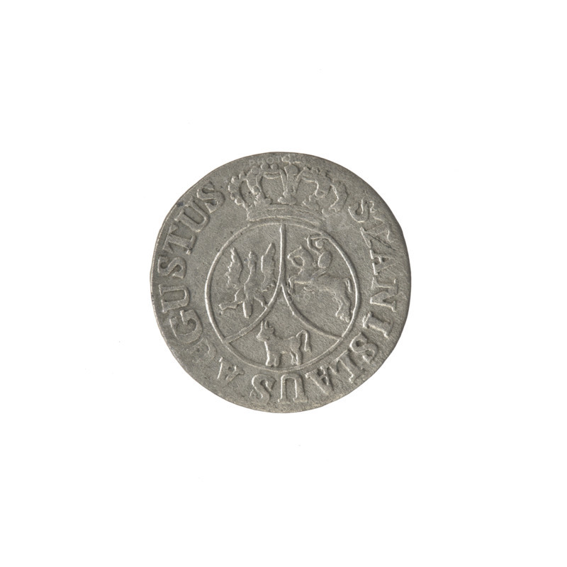 Crown six-coin, Stanislaw August Poniatowski (King of Poland; 1732–1798). Obverse: under a crown, a round three-field coat of arms with the coats of arms of Poland (Eagle), Lithuania (Pogon) and the Poniatowski coat of arms (Ciolek), around the inscription divided by a crown: STANISLAUS A GUSTUS. Reverse: inscription in three lines: .6./GROSZY/1794 with rosette value numerals on both sides, border. Date: 1794. Polish–Lithuanian Commonwealth (1569–1795). Coin; diameter 18.8–19.0 mm; weight 1.35 g.