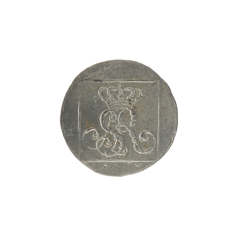 silver crown groschen, Frederick William (fl. 1765-1767), Stanislaw August Poniatowski (King of Poland; 1764–1795), Stanislaw August Poniatowski (King of Poland; 1732–1798), monograms, tied monograms, royal monograms, inscriptions, Crown coins, Polish coins; Obv.: In a square frame, under a crown, a tied monogram composed of the letters SAR, pearl border. Rev.: In a square frame an inscription in five lines: 320/EX/MARCA/PURA.COL/17.66, on the sides of the square: 1.G,/R.POL./MDL/FS, pearl border; 1766, Polish–Lithuanian Commonwealth (1569–1795), Warsaw, Poland; coin; diameter 20.0–20.3 mm; weight 1.94 g