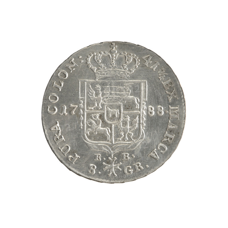 2 gold crown coins, Brenn, Efraim (fl. 1774–1792), Stanislaw August Poniatowski (King of Poland; 1732–1798), Polish coins, Crown coins; iconography: portraits of rulers, coats of arms, multi-field coats of arms, coats of arms under a crown, orders, Order of the White Eagle. Obverse: Head of Stanislaw August, inscription around rim: STANISLAUS AUG.DGREX POL.MDL; pearl border. Reverse: Under the crown, a five-field coat of arms with Poland (Eagle), Lithuania (Pogon) and the Poniatowski (Ciolek) arms; date 17 - 88 at sides; below the shield on a ribbon the Order of the White Eagle; letters E. - B. and 8. - GR.; inscription around rim: 41 3/4 EX MARCA - PURA COLON:; pearl border; decorative edge. 1788, Polish–Lithuanian Commonwealth (1569–1795), Warsaw, Poland. Coin diameters: 29.0 mm and 29.8 mm; weight 9.35 g.