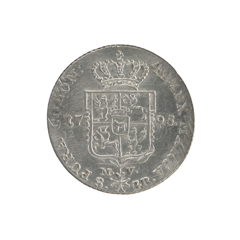 2 gold crown coins, Stanislaw August Poniatowski (King of Poland; 1732–1798), Polish Crown coins; iconography: portraits of ruler, coats of arms including multi-field coats under a crown, Order of the White Eagle. Obv.: Head of Stanislaw August, inscription around: S. S AUG. DGR. POL. M. L. Rev.: Under the crown a five-field coat of arms with the coats of arms of Poland (Orzel), Lithuania (Pogon) and the Poniatowski coat of arms (Ciolek); on the sides the date 17 - 95; below the shield on a ribbon the Order of the White Eagle; on its sides the letters M. - V. and 8.- GR.; in the rim an inscription: 42 1/4 EX. A - PURA. Edge: diagonally fluted. Date: 1795. Polish–Lithuanian Commonwealth (1569–1795), Warsaw, Poland. Coin diameters: 28.5 mm and 29.0 mm; weight 9.26 g.
