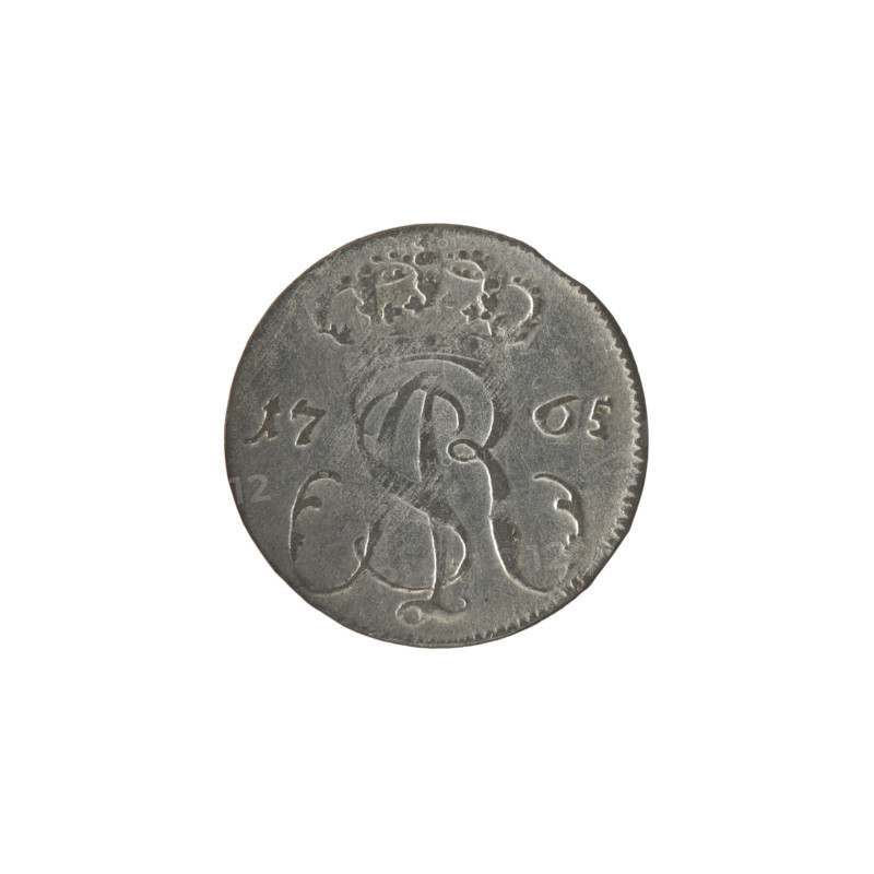 Gdansk trojak, Stanislaw August Poniatowski (King of Poland; 1764–1795), Oeckermann, Rudolf Ernest (1760–1765), monograms, royal monograms, tied monograms, Stanislaw August Poniatowski (King of Poland; 1732–1798), coats of arms, city coats of arms, Gdansk (coat of arms), city coins. Obv.: Under the crown, a tied monogram composed of the letters SAR, on the sides: 17 - 65, pearl border. Rev.: Gdansk shield heraldic symbol supported by two lions, signature below: RE OE, around it an inscription beginning with a star .GROSSVS TRIPLEX GEDANENSIS, pearl border. 1765, Polish–Lithuanian Commonwealth (1569–1795), Gdansk, Poland. Coin; diameter 19.5–19.7 mm, weight 1.34 g.
