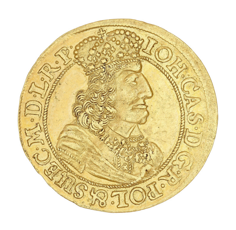 Gdansk ducat, John II Casimir Vasa (King of Poland; 1648–1668). Maker: Daniel Lesse (1656–1685). Obverse: crowned right-profile bust of the king, wearing the Order of the Golden Fleece, within a rope rim inscribed 'IOH.CAS.DGR POL.& SUEC.MDLRP'. Reverse: coat of arms held by two lions, a wreath surrounding a flower at the top, a cartouche at the bottom dividing the letters 'DL'; corded rim inscribed 'MON:AUREA CIVITAT.GEDANENS.1658'. Date: 1658. Material: coin (ducat). Weight: 3.44 g. Place: Gdansk, Poland., A circular gold-colored coin with a raised profile of a man wearing a detailed crown and ornate clothing, featuring curly hair and a decorated collar, surrounded by a beaded inner border and an outer rim with raised decorative markings; the visible colors are gold and lighter highlights where the metal reflects light.