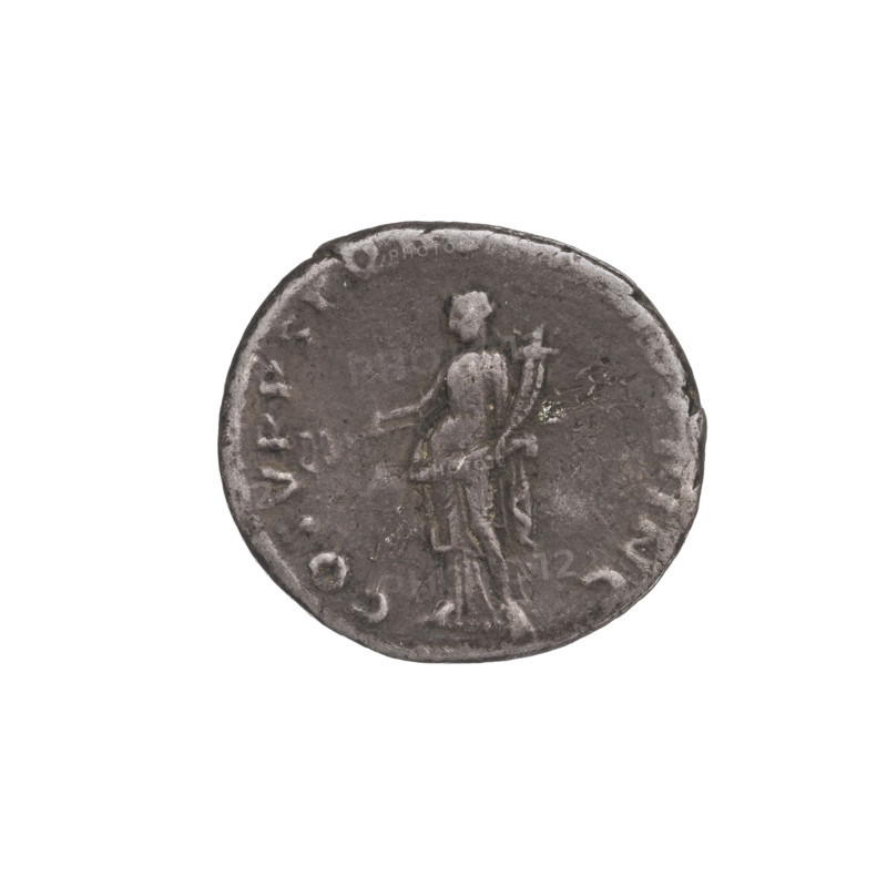 Denarius of Trajan (53–117; Roman emperor 98–117). Obverse: head of Trajan in laurel wreath facing right; rim inscription 'IMP TRAIANO AVG GER D.' Reverse: Felicitas (personification) standing left, wearing a long robe with draperies, holding a caduceus in her right hand and a horn of plenty in her left; rim inscription 'COS VPP SP.' Date: 103–111 CE. Roman Empire (27 BCE–476 CE). Rome. Silver coin, weight 3.25 g.
