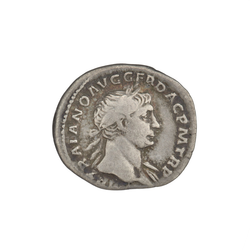 Denarius, Trajan (53–117; Roman emperor 98–117). Obverse: head of Trajan right, laurel wreath; rim inscription IMP TRAIANO AVG GER DAC PM TRP. Reverse: Spes (personification), standing left, wearing a long draped robe, holding a flower in her right outstretched hand and slightly raising/supporting her robe with her left hand; rim inscription COS V P P S P Q R OPTIMO PRINC. Date: 103–111. Roman Empire (27 BC–476), Rome. Coin; weight 2.90 g.