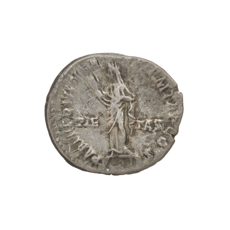 denarius, Hadrian (76–138; Roman emperor 117–138), laurel wreaths, heads, Pietas (personification). Obv.: bust of Hadrian right, laurel wreath in hair; rim inscription: IMP CAES TRAIAN HADRIANO AVG DIVI TRA. Rev.: Pietas standing left, wearing a long robe with draperies, right hand raised, left hand at chest; rim inscription: PARTH F DIVI NER NEP PM TR P COS; on both sides the inscription PIE TAS. 117, Rome, Roman Empire (27 BC–476). Coin, weight 3.62 g.