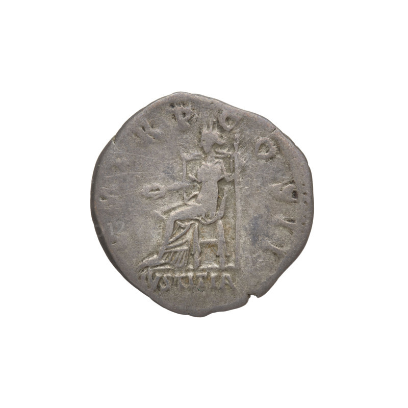 Denarius, Hadrian (76–138; Roman emperor 117–138). Obverse: Hadrian's head to the right, laurel wreath in his hair; rim inscription: IMP CAES TRAIAN HADRIANVS AVG. Reverse: Iustitia seated on a throne to the left, wearing a long robe with draperies, holding a patera in her right hand and a long scepter in her left; rim inscription: PM TR P COS; field inscription: IVSTITIA. Date: 118. Rome, Roman Empire (27 BC–476). Coin; weight 3.10 g.