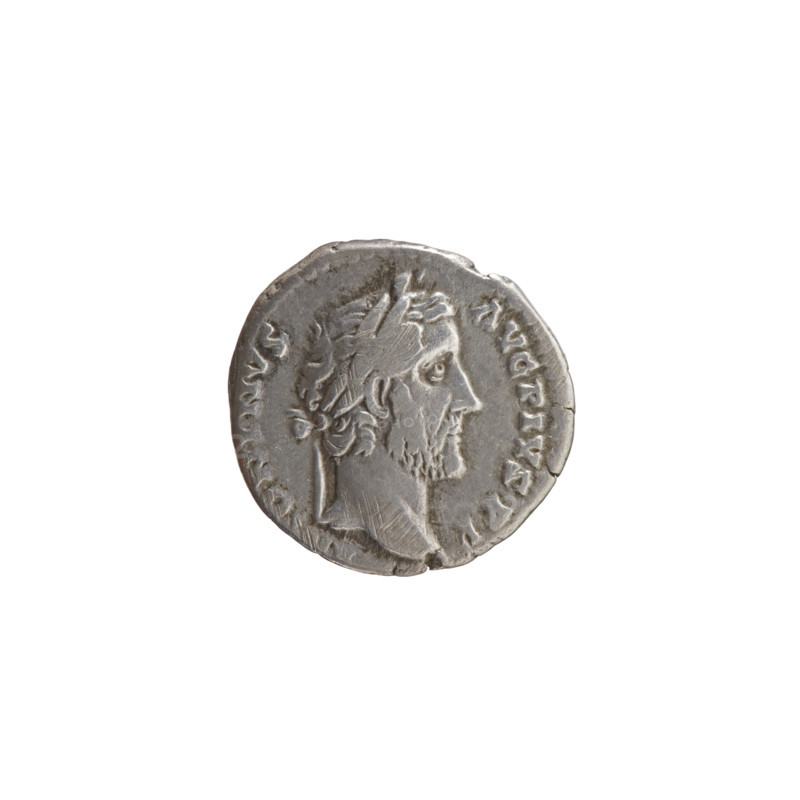 Denarius of Antoninus Pius (86–161; Roman emperor 138–161), issuer: Antoninus Pius. Obverse: head of the emperor in a laurel wreath facing right, inscription 'ANTONINVS • AVG • PIVS • P P' all around. Reverse: Pax (personification) standing left, holding a branch in his right hand and a cornucopia in his left, inscription 'COS III • DES IIII' all around. Roman Empire, Rome, coin. Diameter 16.5–17.0 mm, weight 3.10 g, axis 150°.