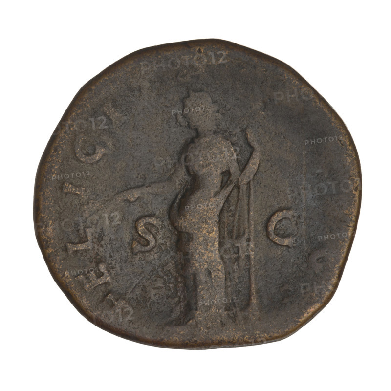 Sestertius of Hadrian (76–138; Roman emperor 117–138). Obverse: bust of Hadrian with laurel wreath facing right; rim inscription HADRIANVSAVGCOS III PP. Reverse: Felicitas standing left, wearing a long robe, holding a branch in her right hand and a long vertical caduceus in her left; rim inscription FELICI; letters SC on both sides of the figure. Date: 119–138, Rome, Roman Empire (27 BC–476). Coin; weight 20.15 g.
