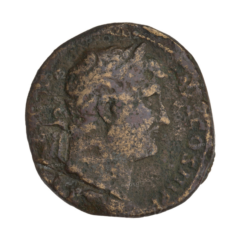 sestertius, Hadrian (76–138; Roman emperor 117–138), cornucopia, Felicitas (personification). Obverse: Bust of Hadrian with laurel wreath facing right; rim inscription: COS III PP. Reverse: Felicitas standing left, wearing a long robe, holding a caduceus in her right hand and a cornucopia in her left, a wheel under her feet; rim inscription: obliterated; on both sides of the figure the letters SC. 119–138. Rome, Roman Empire (27 BC–476). Coin; weight 25.25 g.