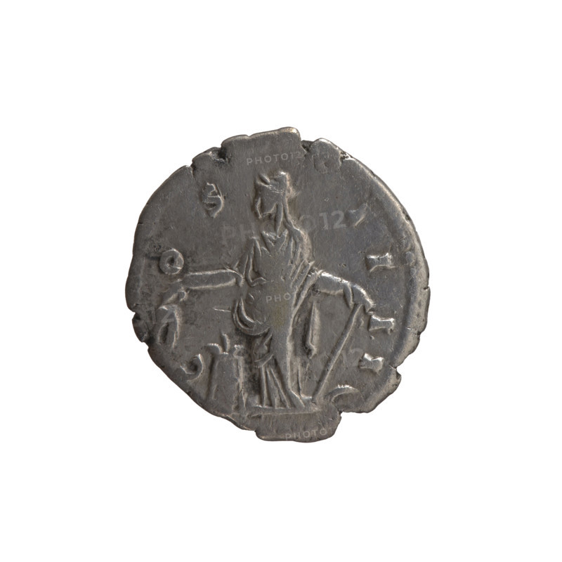 Denarius, Antoninus Pius (86–161; Roman emperor 138–161), issuer: Antoninus Pius. Obverse: Head of the emperor in a laurel wreath facing right, inscription ANTONINVS AVG PIVS PP TR P XII. Reverse: Annona (personification) standing left, holding ears of corn above a container (modius) in her right hand and an anchor in her left hand, inscription C OS II II. Iconography: Annona, head of the emperor in a laurel wreath, ears of corn, personifications, modius, anchors. Date: 148–149. Culture/place: Roman Empire, Rome. Object type/material: Coin (denarius). Dimensions: diameter 18.0–18.5 mm, weight 3.05 g, axis 180°.