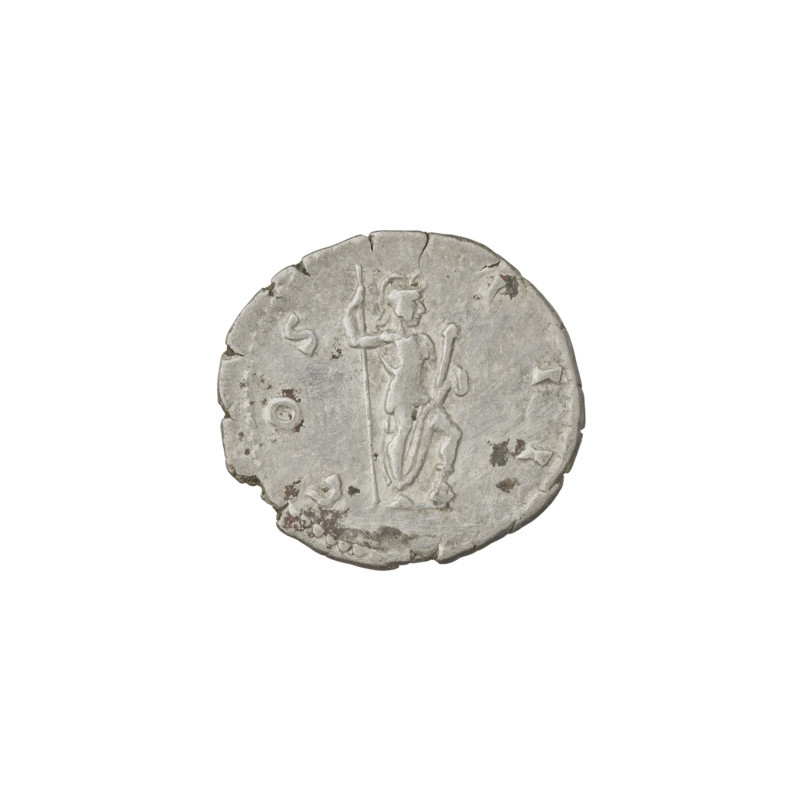 Denarius, Hadrian (76–138; Roman emperor 117–138). Obverse: head of Hadrian in laurel wreath facing right; rim inscription: HADRIANVS AVGVSTVS. Reverse: Roma standing right, wearing a short robe and helmet, holding a spear in right hand and a parazonium in left; rim inscription: COS III. Date: 125–128. Rome, Roman Empire (27 BC–476). Coin; weight 3.15 g.