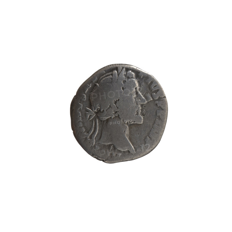 Denarius of Antoninus Pius (86–161; Roman emperor 138–161), 157–158. Obverse: head of the emperor in a laurel wreath facing right, inscription ANTONIN–PIVS PP IMP II. Reverse: Annona (personification) stands left; in her right hand she holds ears of corn above a container (modius), in her left hand she holds a long rudder resting on a ship, inscription TR POT XXI–C, S IIII. Iconography: Antoninus Pius; personifications; ears of corn; modius; ships; rudders. Roman Empire (27 BC–476). Coin. Diameter 16.0–17.5 mm, weight 2.85 g, axis 195°.