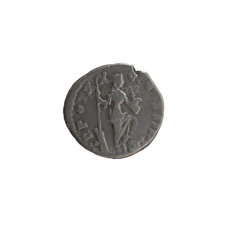 Denarius of Antoninus Pius (86–161; Roman emperor 138–161). Obverse: Head of Antoninus Pius in a laurel wreath facing right, legend NINVS AVG - PIVS PP IMP I. Reverse: Annona stands to the right with one leg on the prow of a ship, holding a long rudder in her right hand and a container with ears of grain (modius) in her left, legend TR POT X - X - COS III. Iconography includes Annona, personifications, ships, rudders, modius. Date: 156–157. Roman Empire (27 BC–476). Coin: diameter 15.5–16.0 mm, weight 3.50 g, axis 180°.