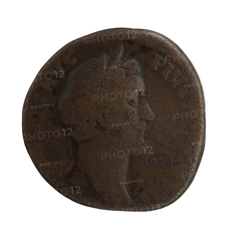 Sestertius of Antoninus Pius (86–161; Roman emperor 138–161). Obverse: head of the emperor in a laurel wreath facing right, legend S AVG — PIV, II around. Reverse: Annona (personification) standing left, holding ears of corn above a modius (container) in her right hand and an anchor in her left; inscription OS in a section and SC in fields. Iconography: Annona, ears of corn, modius, anchors; head of Antoninus Pius in laurel wreath. Date: 148–149. Roman Empire (27 BC–476), Rome. Coin: bronze, diameter 30.0 mm, weight 18.90 g, axis 0°.