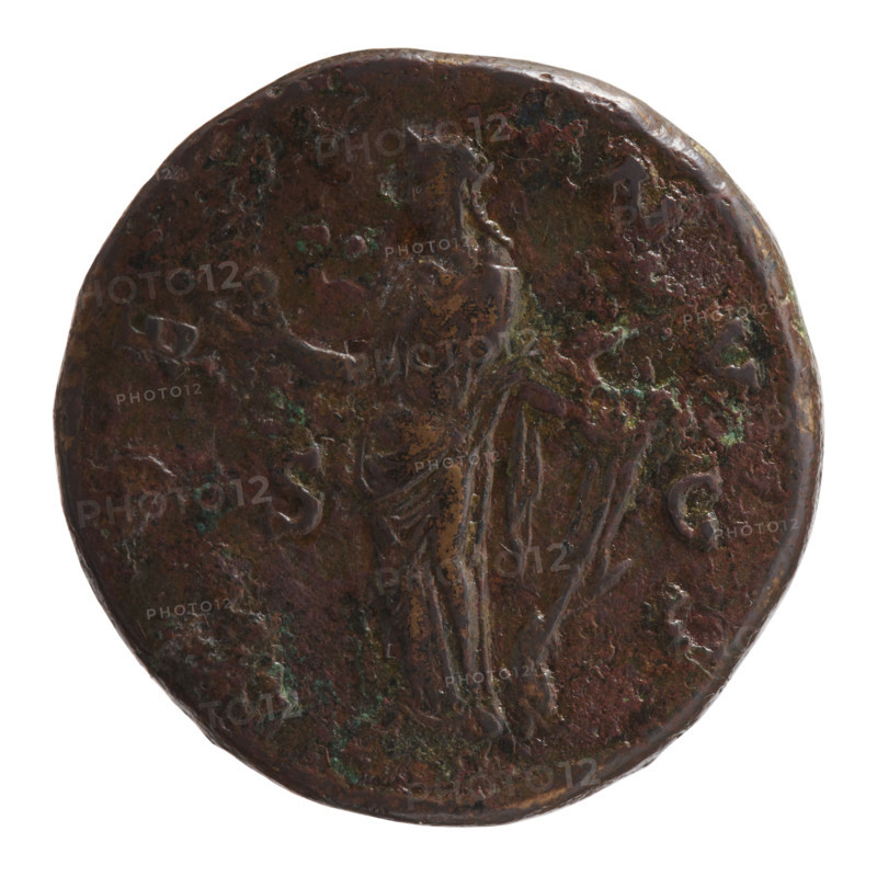 Sestertius of Faustina the Younger (ca. 130–176; Roman empress 161–176; Augusta 147–161). Obverse: draped bust of Faustina II facing right, legend FAVSTIN, AVG - PII AVG FIL. Reverse: Venus stands frontally, turns her head to the left, holds an apple in her outstretched right hand, in her left hand a rudder around which a dolphin is wrapped; legend E - NV - S in fields. Roman Empire (27 BC–476), Rome. Coin; diameter 30.5 mm, weight 23.25 g, axis 300°.