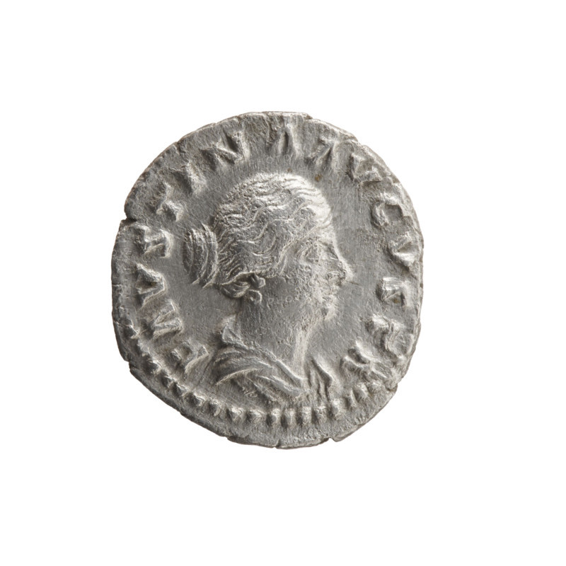 Denarius of Faustina the Younger (ca. 130–176), with Marcus Aurelius (121–180) as issuer; Roman Imperial coin (161–176). Obverse: draped bust of Faustina II facing right, legend FAVSTINA AVGVSTA. Reverse: Fecunditas standing left holding two children, two more children at her sides, legend FECVND AVGVSTAE. Iconography: children; personification Fecunditas. Roman Empire (27 BC–476), Rome. Coin: diameter 16.0–17.5 mm, weight 3.00 g, axis 180°.