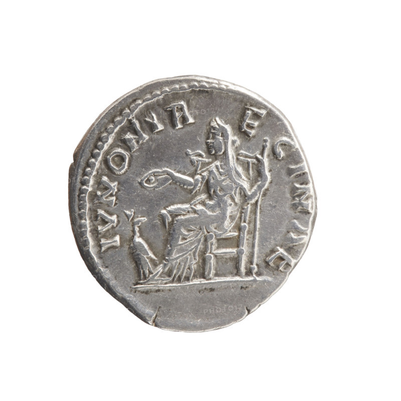 Denarius of Faustina the Younger (ca. 130–176), issued under Marcus Aurelius (121–180). Obverse: Bust of Faustina II in drapery facing right, inscription FAVSTINA · AVGVSTA. Reverse: Juno in a veil seated left, holding a patera in her right hand and a scepter in her left, a peacock at her feet left, inscription IVNONI R·E·GINAE. Roman Empire, ca. 161–176. Silver coin; diameter ~18.0–18.5 mm, weight 3.50 g, axis 180°.