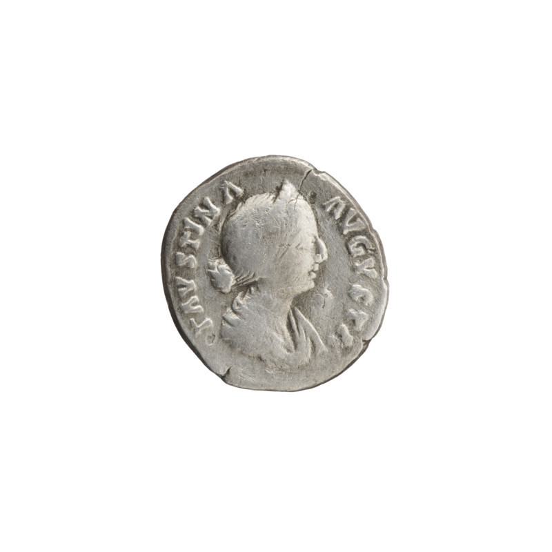Denarius, Faustina the Younger (ca. 130–176; Roman empress 161–176), Marcus Aurelius (121–180; Roman emperor 161–180) (issuer). Obverse: Bust of Faustina II in drapery facing right, legend FAVSTINA • AVGVSTA. Reverse: Juno in a veil standing left, holding a patera in her right hand and a long scepter in her left, a peacock at her feet left, legend IVNONI • REGINAE. Iconography: Juno, scepters, peacocks, paterae, Roman deities; Faustina the Younger — iconography. Date: 161–176. Place: Rome, Roman Empire. Coin type: denarius. Diameter: 16.0–17.0 mm. Weight: 2.60 g. Axis: 0°.