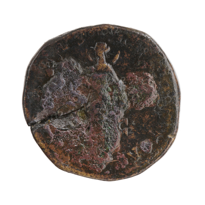 Sestertius of Marcus Aurelius (121–180; Roman emperor 161–180), issued posthumously for Faustina the Younger (ca. 130–176; Roman empress 161–176). Obverse: bust of Faustina II in drapery facing right, inscription FAV - NA PIA around. Reverse: Diana in a long robe with a crescent on her shoulders, standing straight with head turned left, holding a burning torch with both hands; inscription S, RIBVS - RE -, PTA around, -C in fields. After 176, Roman Empire (27 BC–476), Rome. Coin: diameter 30.5 mm, weight 23.55 g, axis 195°.